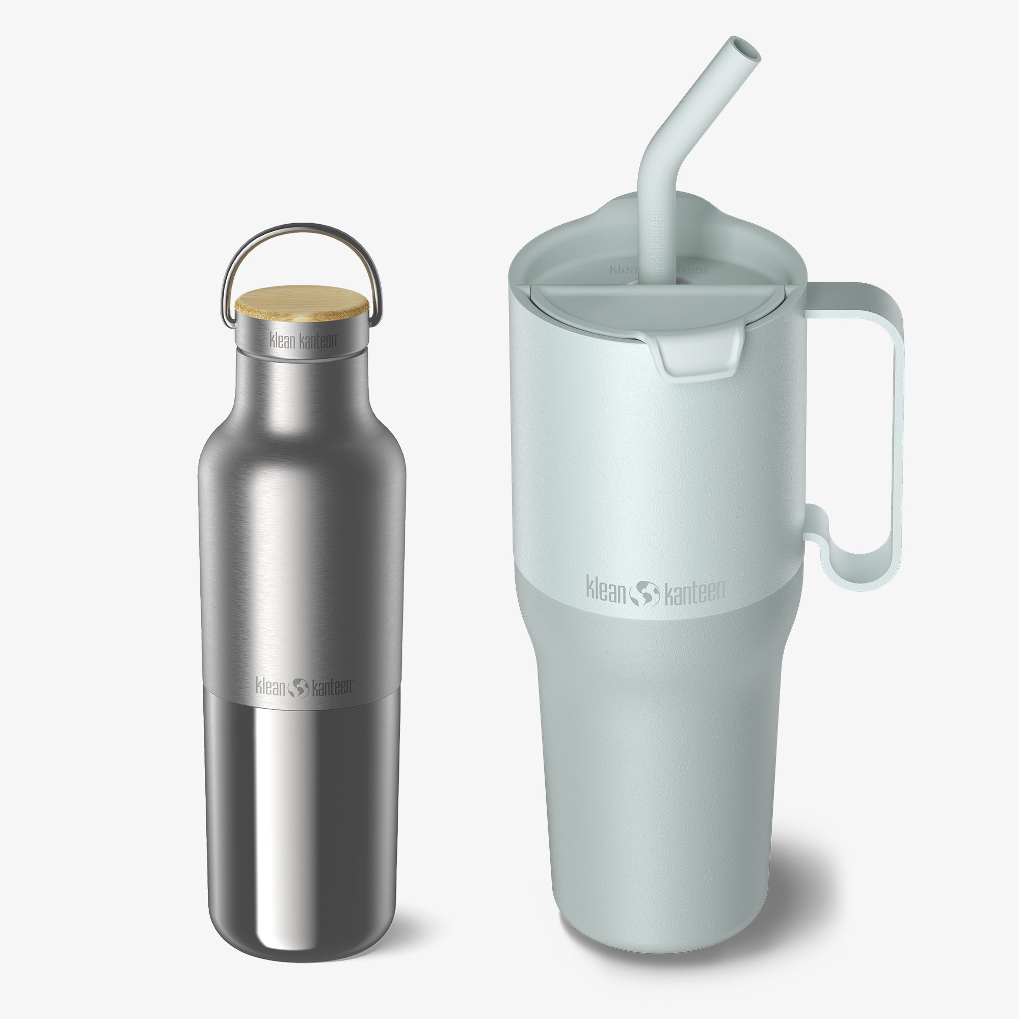 Silver water bottle and light gray insulated mug with handle on a white background