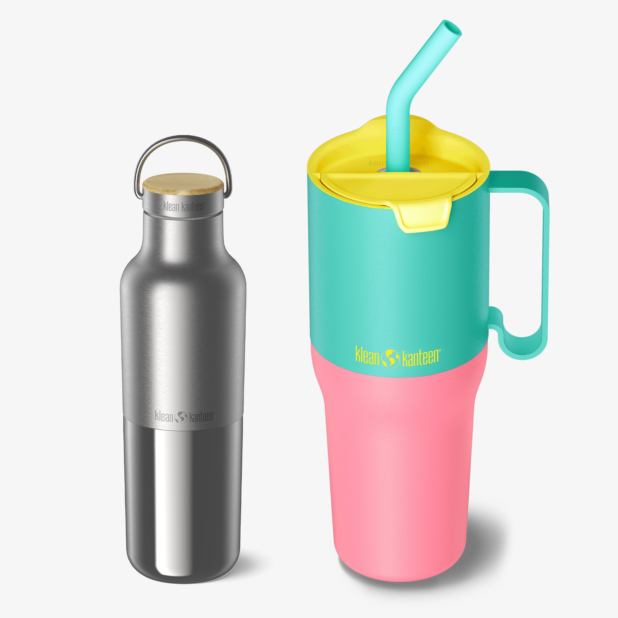 Silver water bottle and colorful tumbler with straw on a white background
