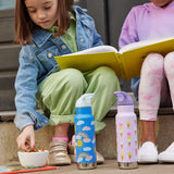 Two kids on steps with water bottles