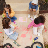 Kids' on sidewalk with chalk and water bottles