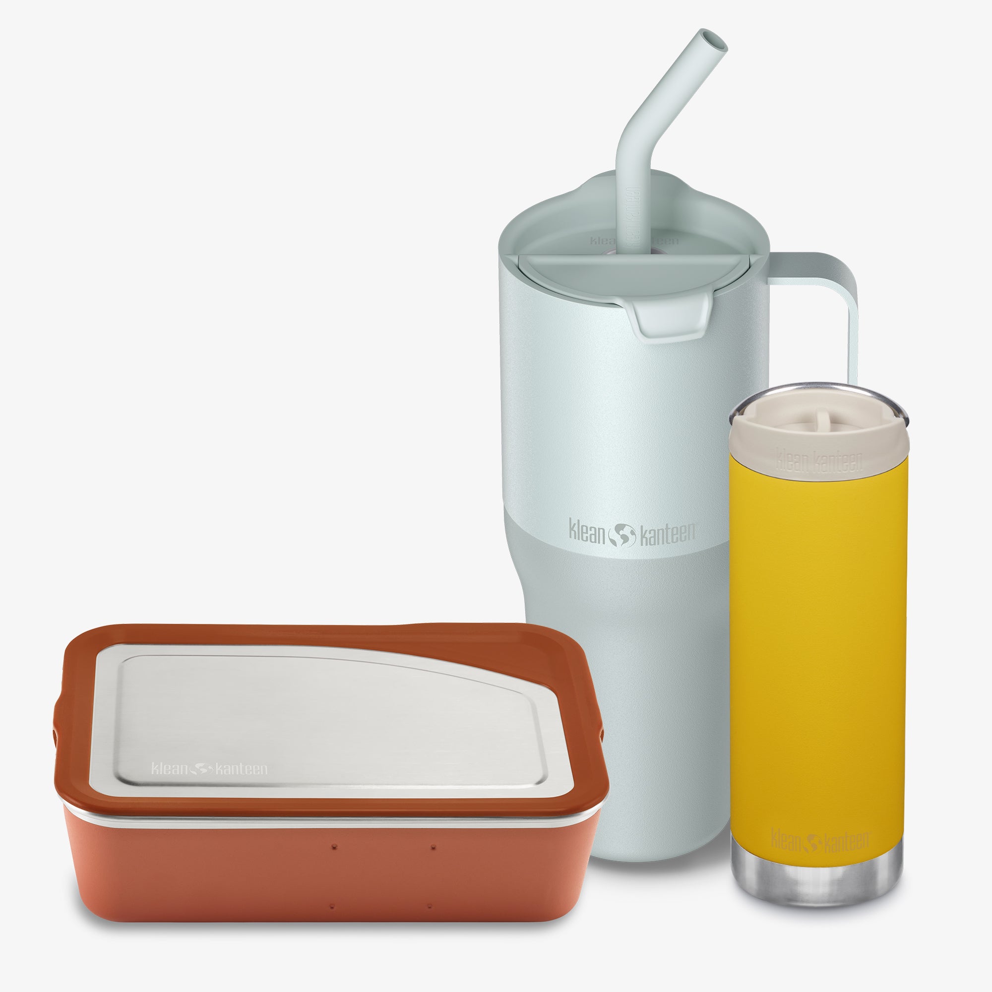 Set of insulated containers with a pitcher and a yellow cup on a white background