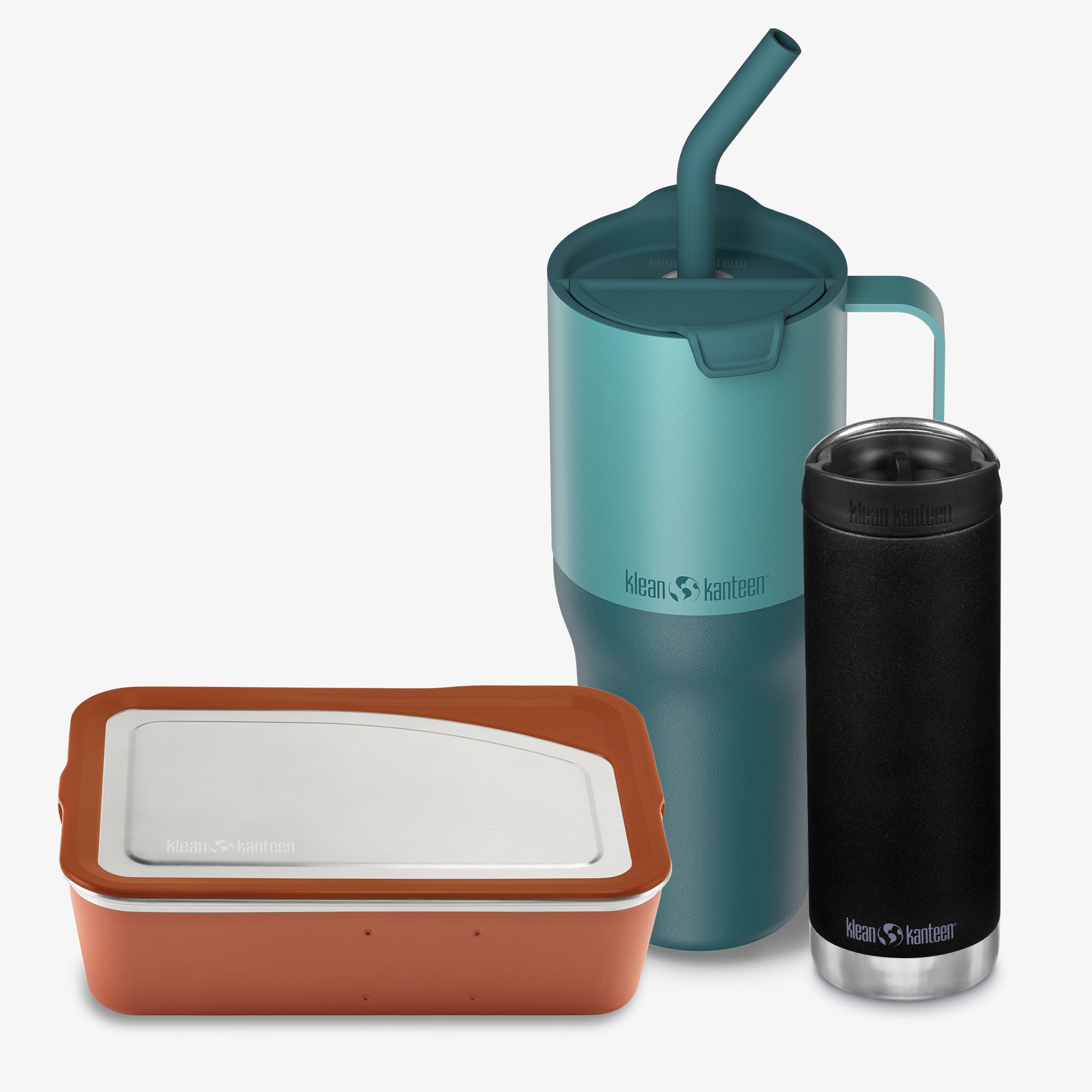 Teal insulated mug with straw, black insulated tumbler, and brown container on a white background