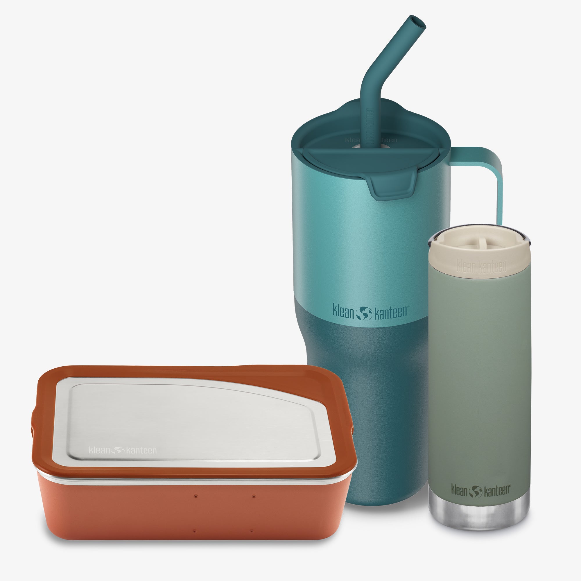 Two insulated containers with a blue tumbler and a green mug on a white background