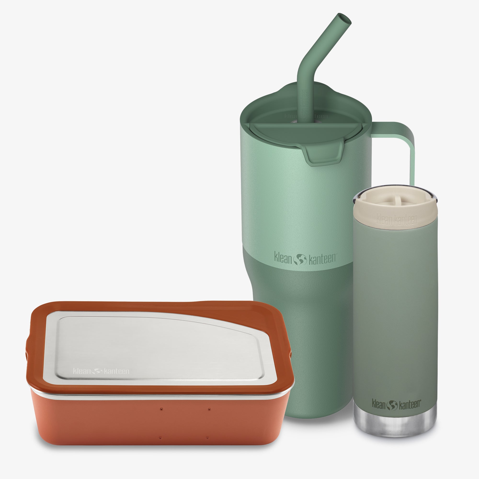 Set of green insulated mug with straw, clear tumbler, and brown container on a white background