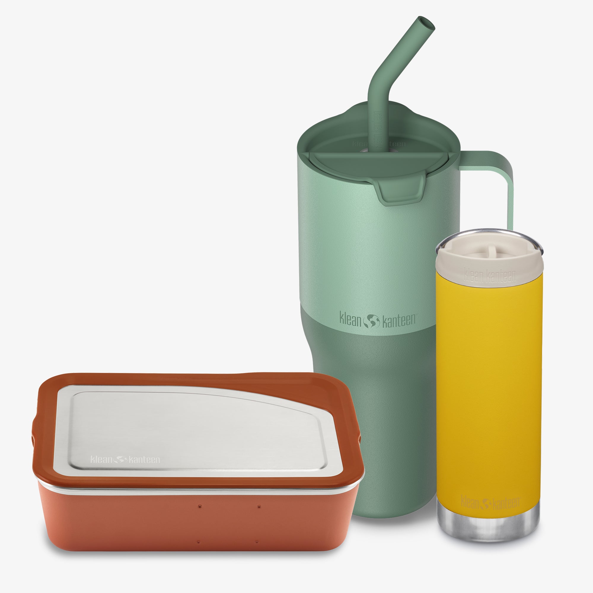 Set of insulated containers with a green tumbler and yellow glass on a white background