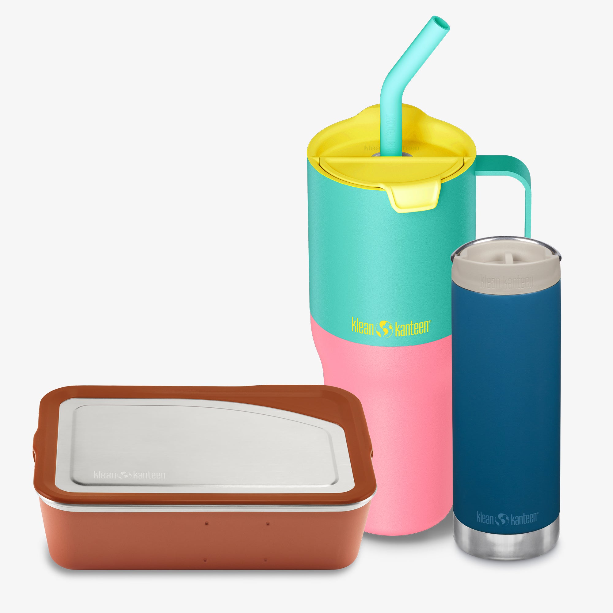Colorful insulated containers with a straw lid and a blue insulated bottle on a white background.