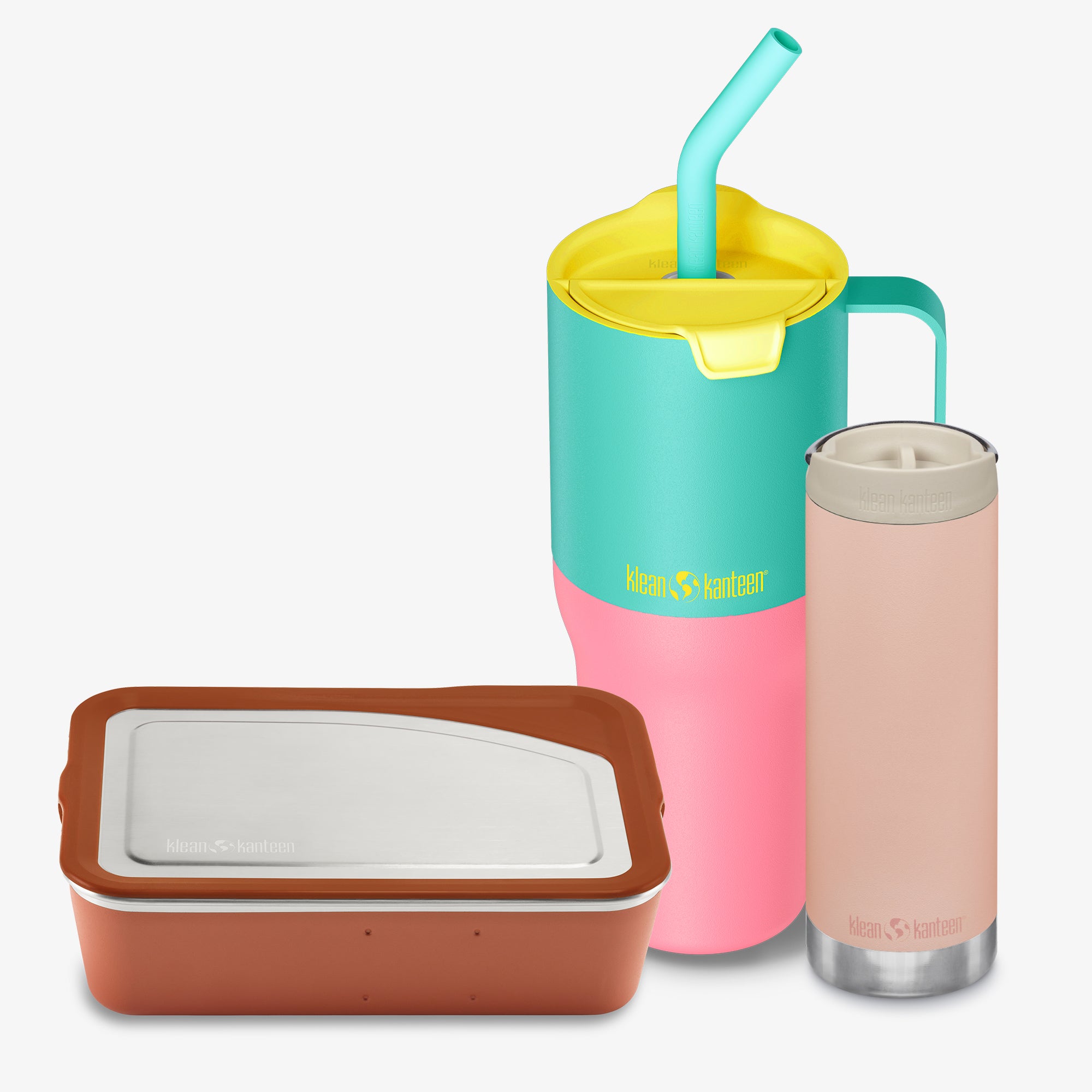 Colorful insulated containers with a straw lid and a insulated tumbler on a white background