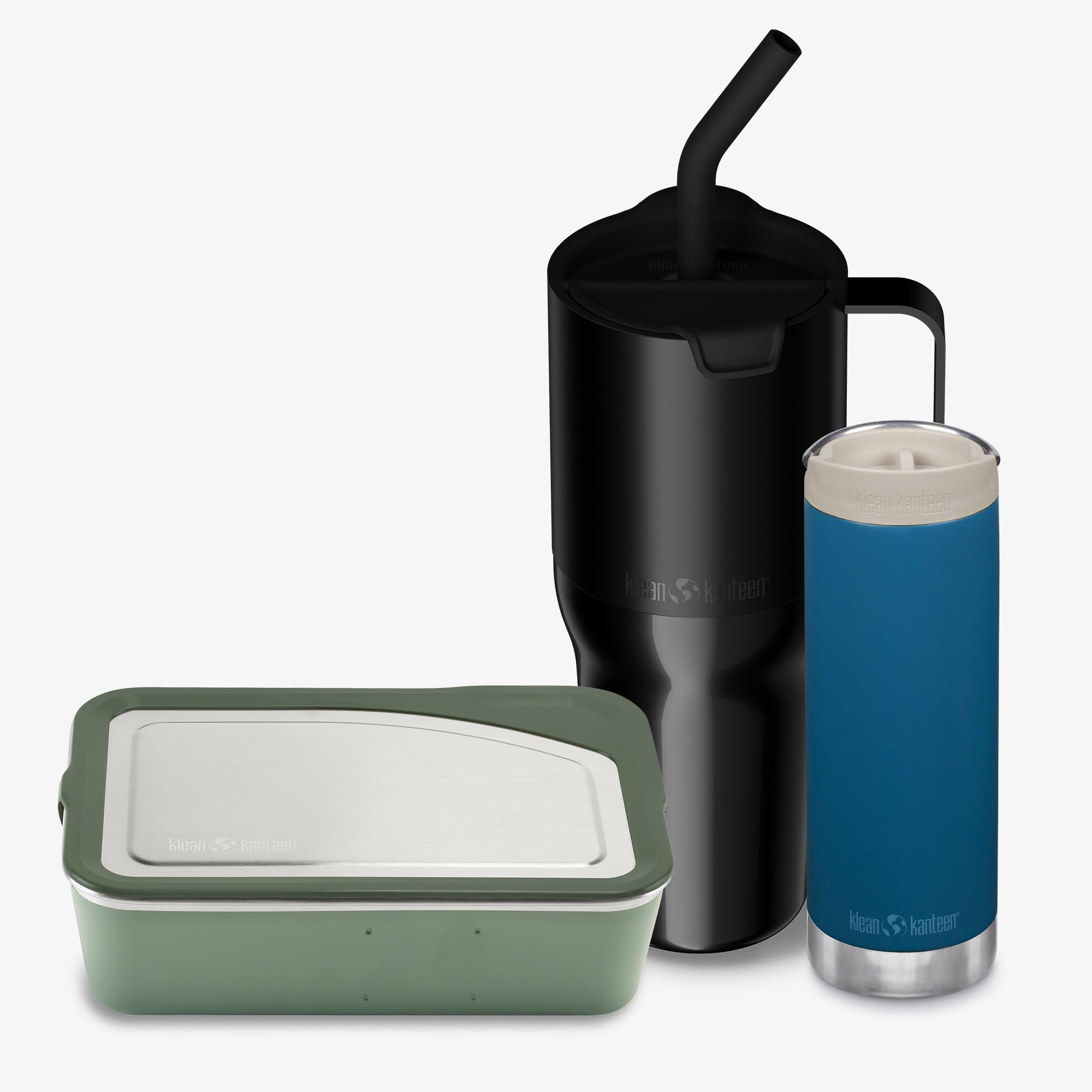 Set of reusable containers including a black insulated cup, blue insulated tumbler, and green food container on a white background.