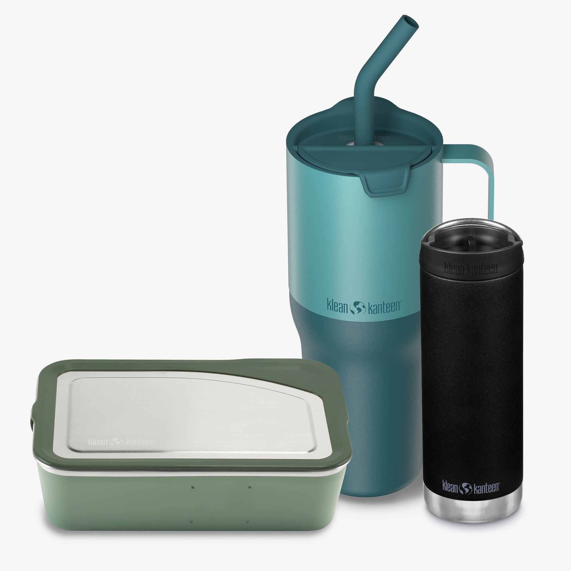Teal insulated mug with straw, black insulated tumbler, and green insulated container on a white background