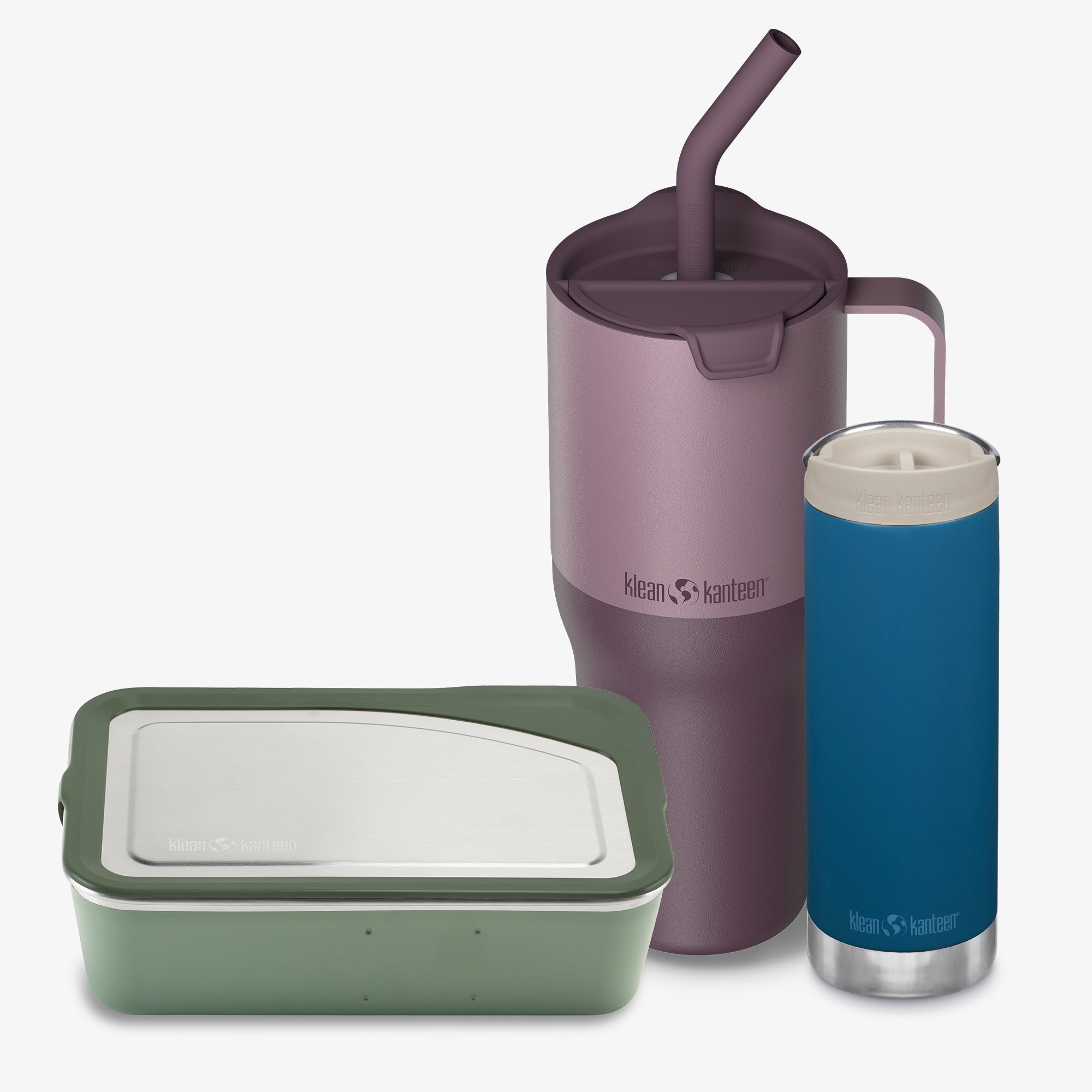 Purple tumbler with straw, green container, and blue tumbler with white lid on a white background