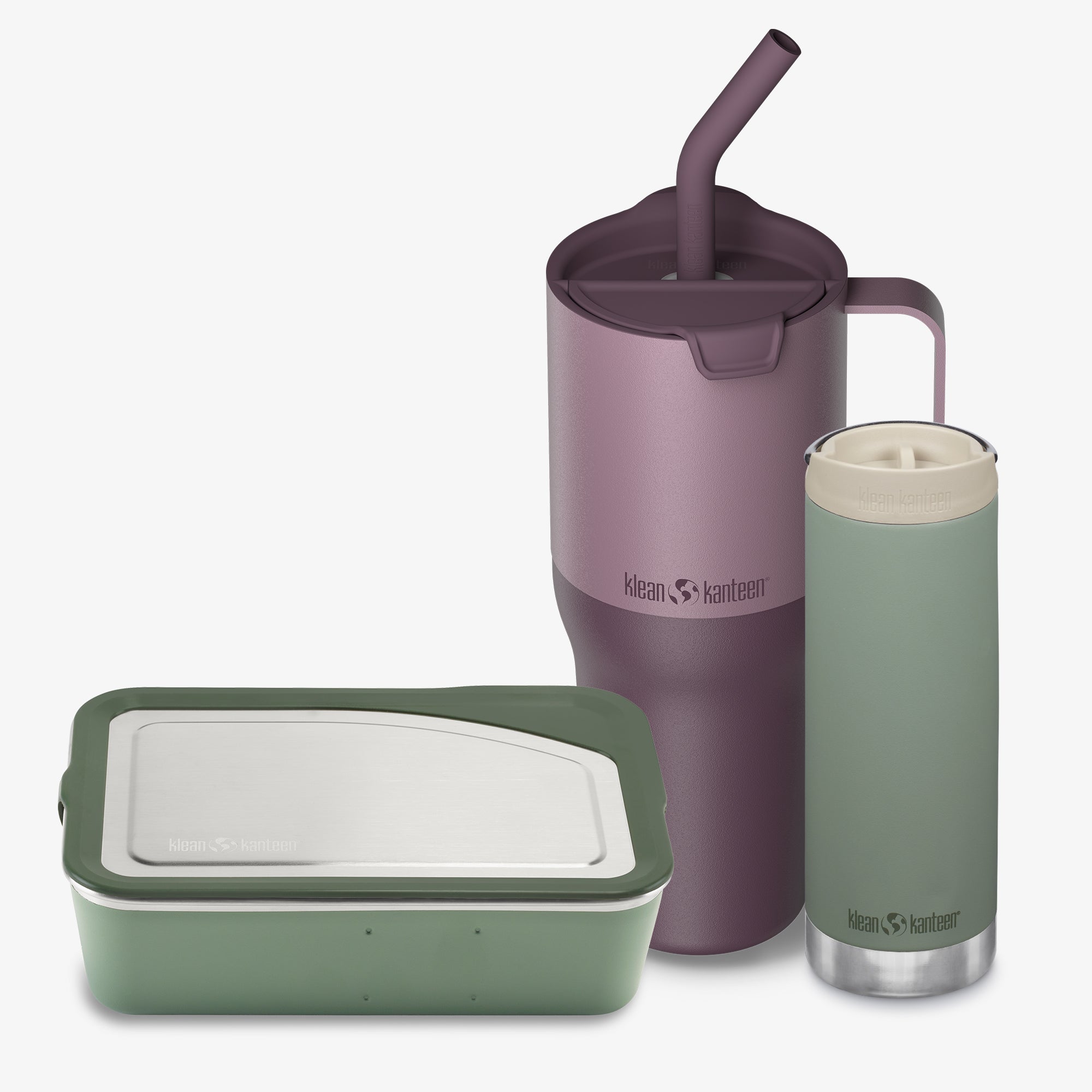 Two insulated containers with a purple lid and a green container on a white background
