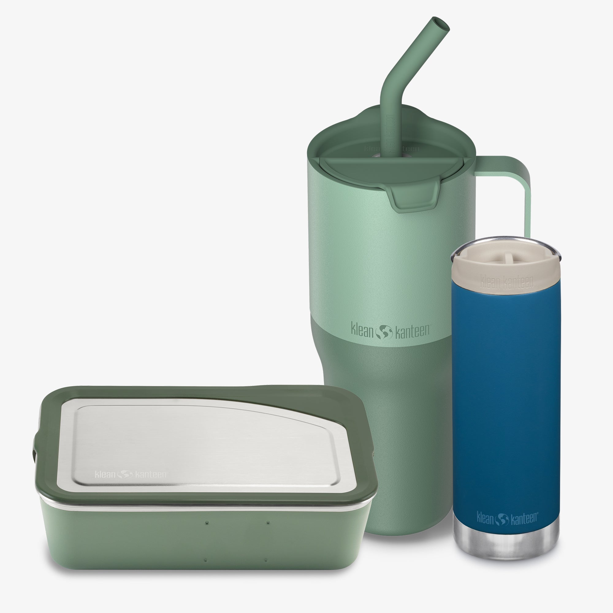 Set of green and blue insulated containers with a straw lid on a white background