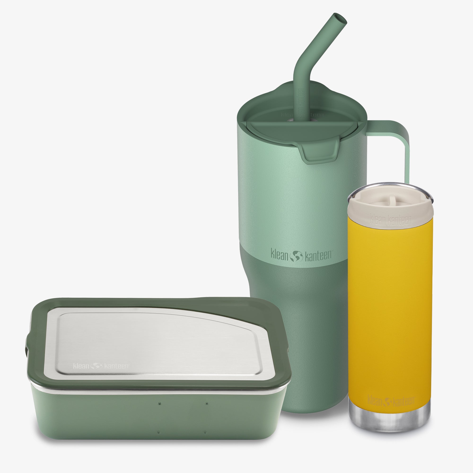 Set of green insulated tumbler with straw and lid, and yellow insulated cup with white lid on a white background.