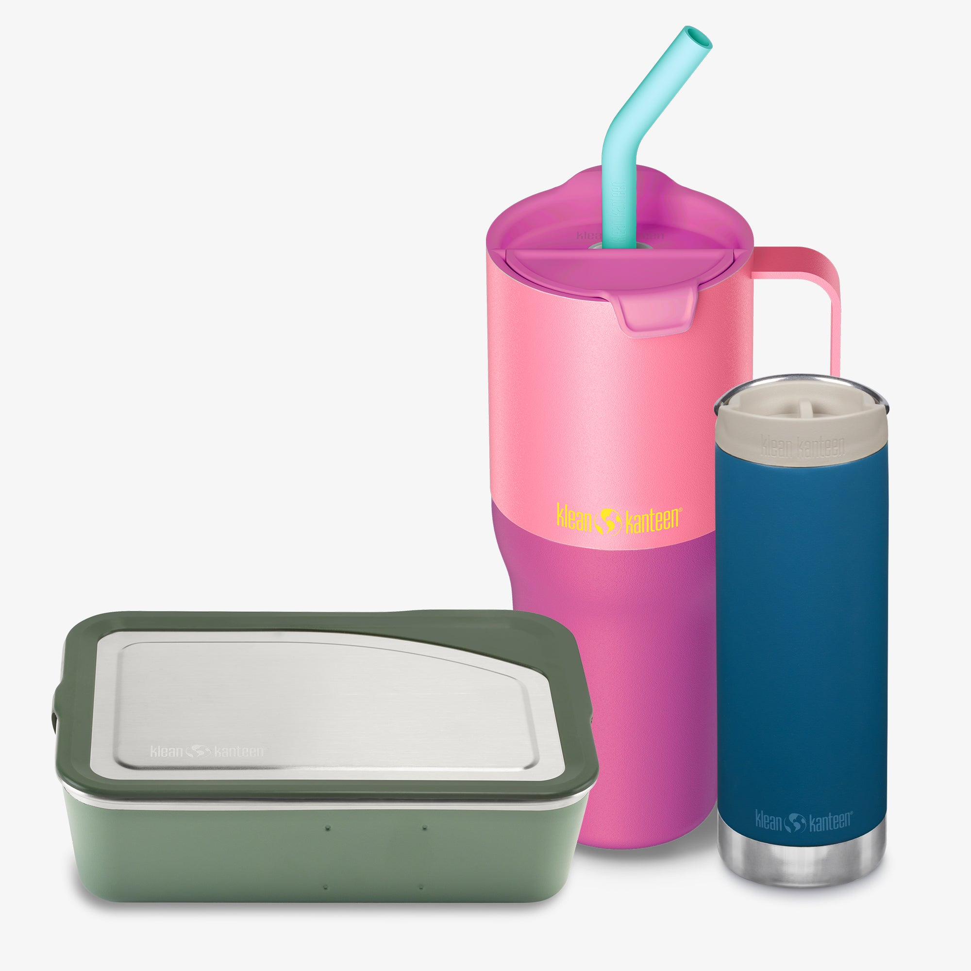Pink tumbler with straw, green container, and blue insulated bottle on a white background