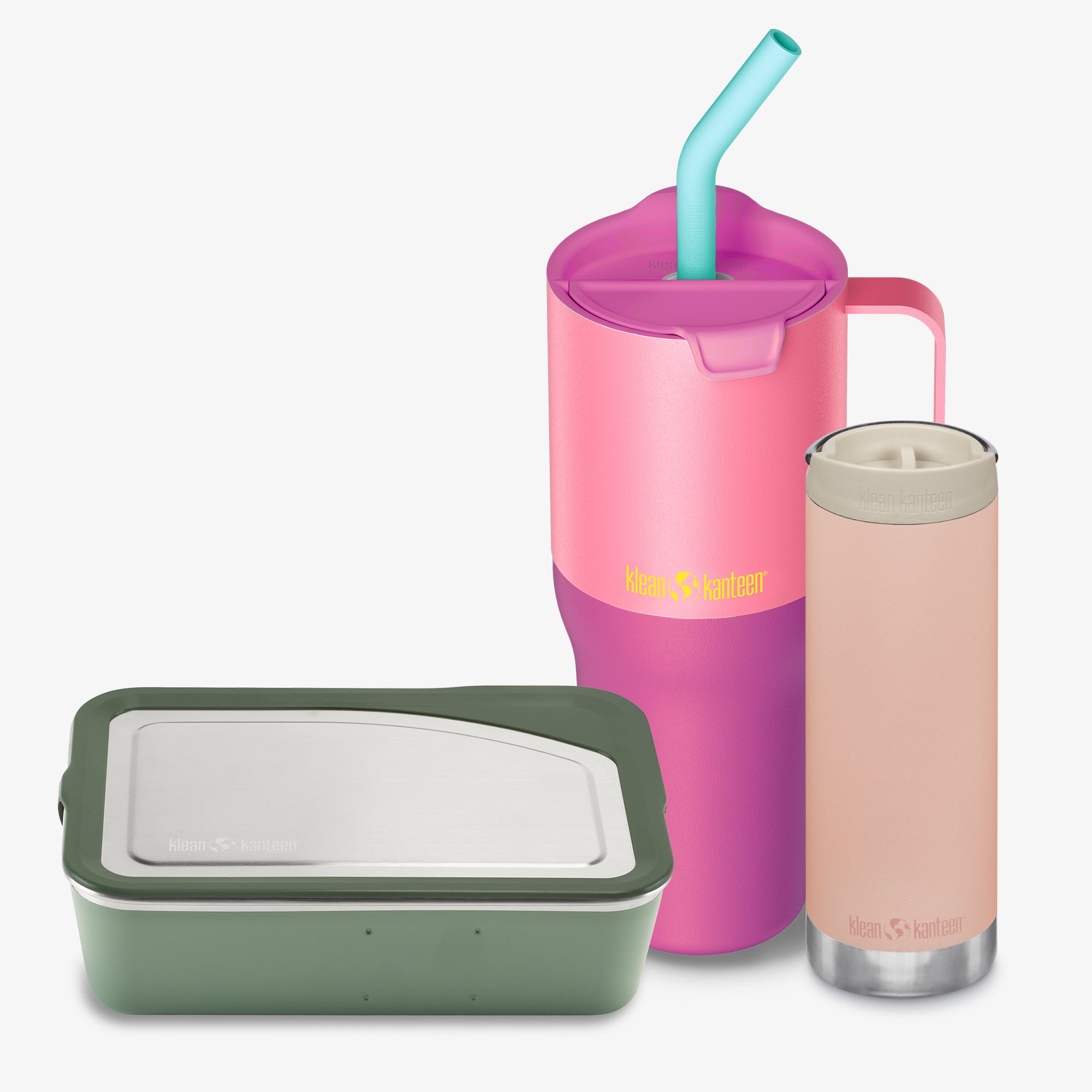 Pink tumbler with straw, green container, and pink insulated cup on a white background