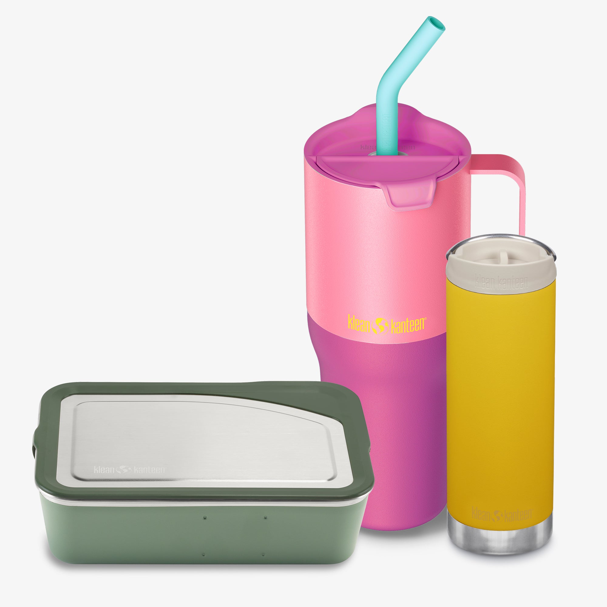 Pink tumbler with straw, yellow tumbler, and green container on a white background