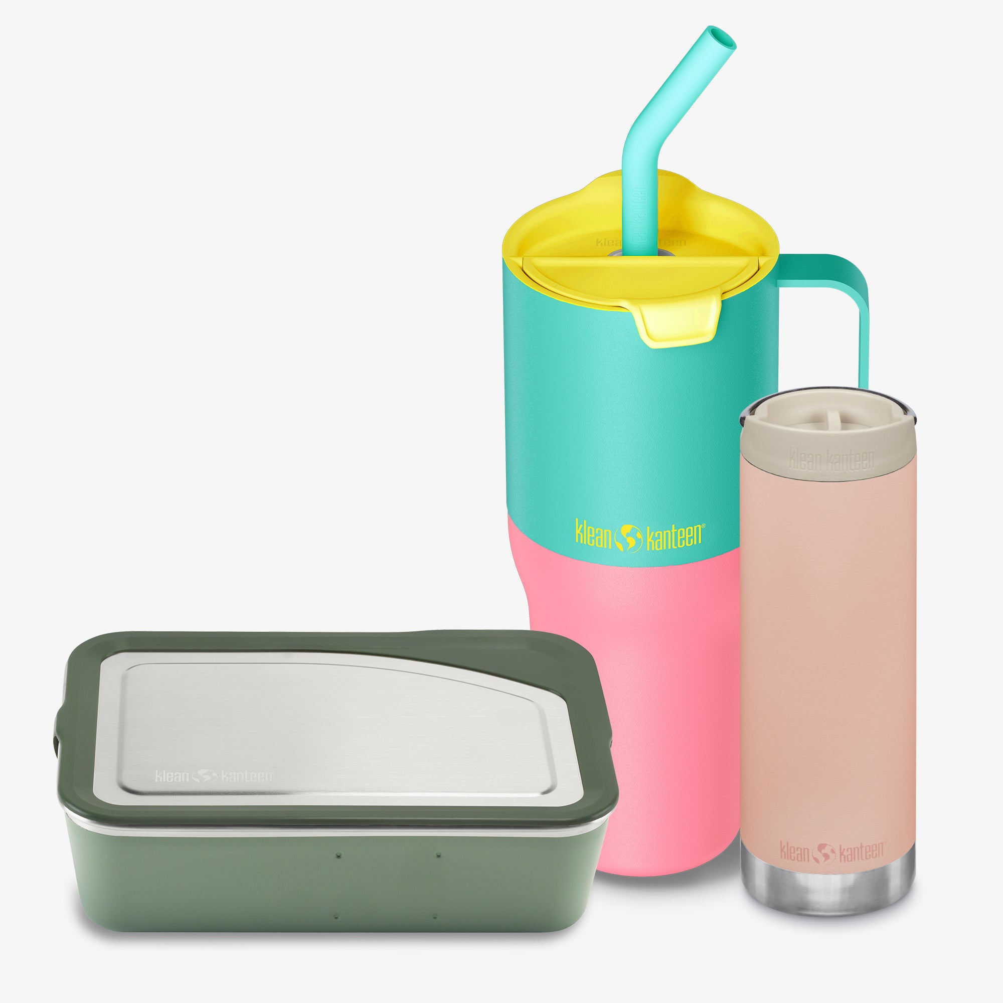 Colorful reusable cups and a food container on a white background