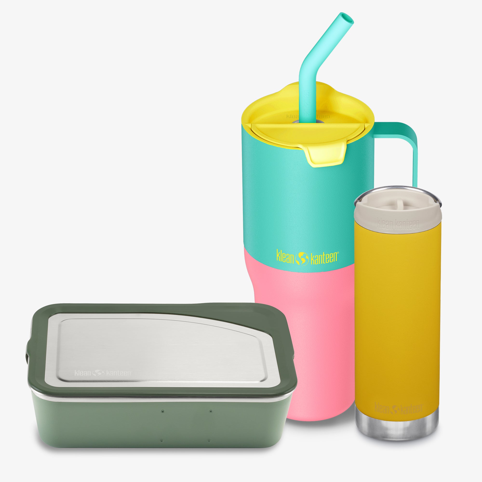 Colorful reusable drinkware set with a tumbler, straw, and container on a white background.
