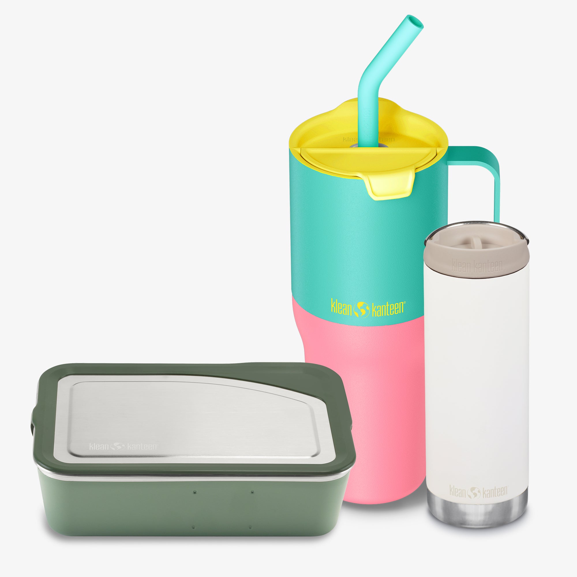 Colorful reusable cups and a container with a visible brand logo on a white background