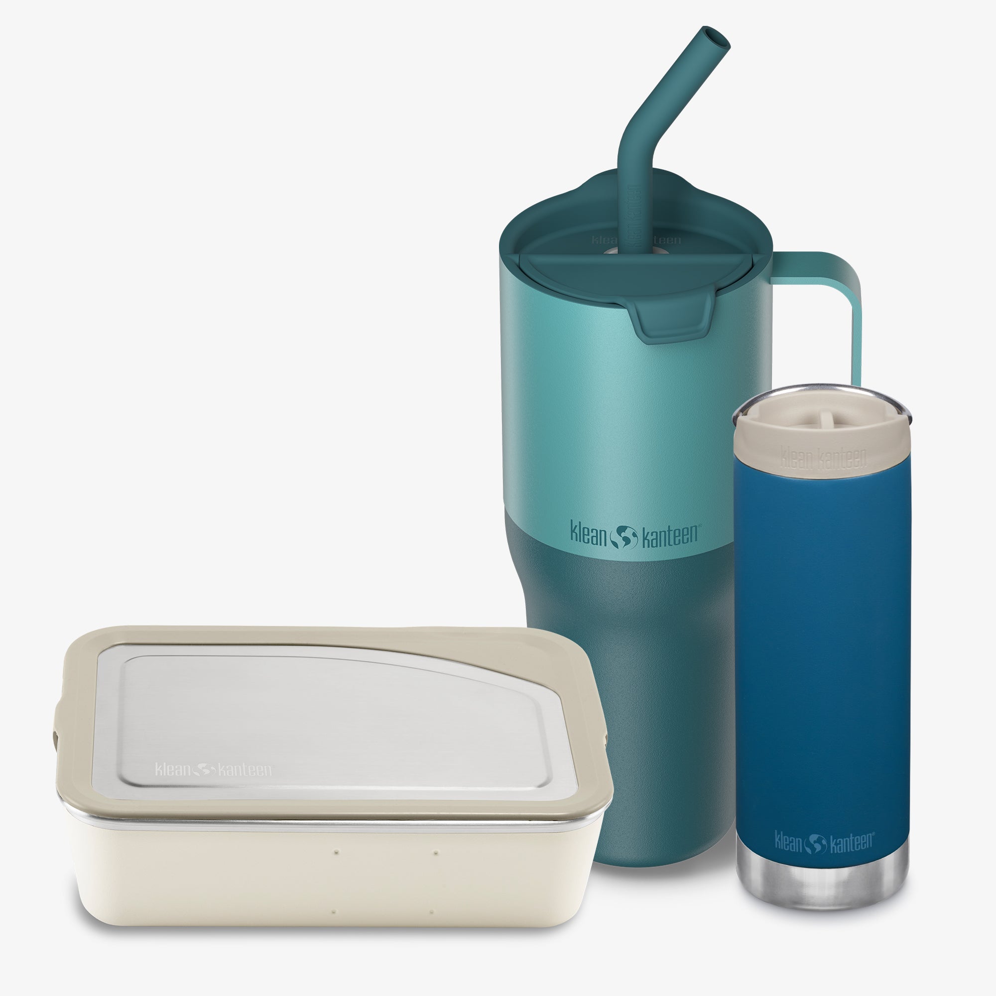 Two blue insulated containers with a white lid on a light gray background