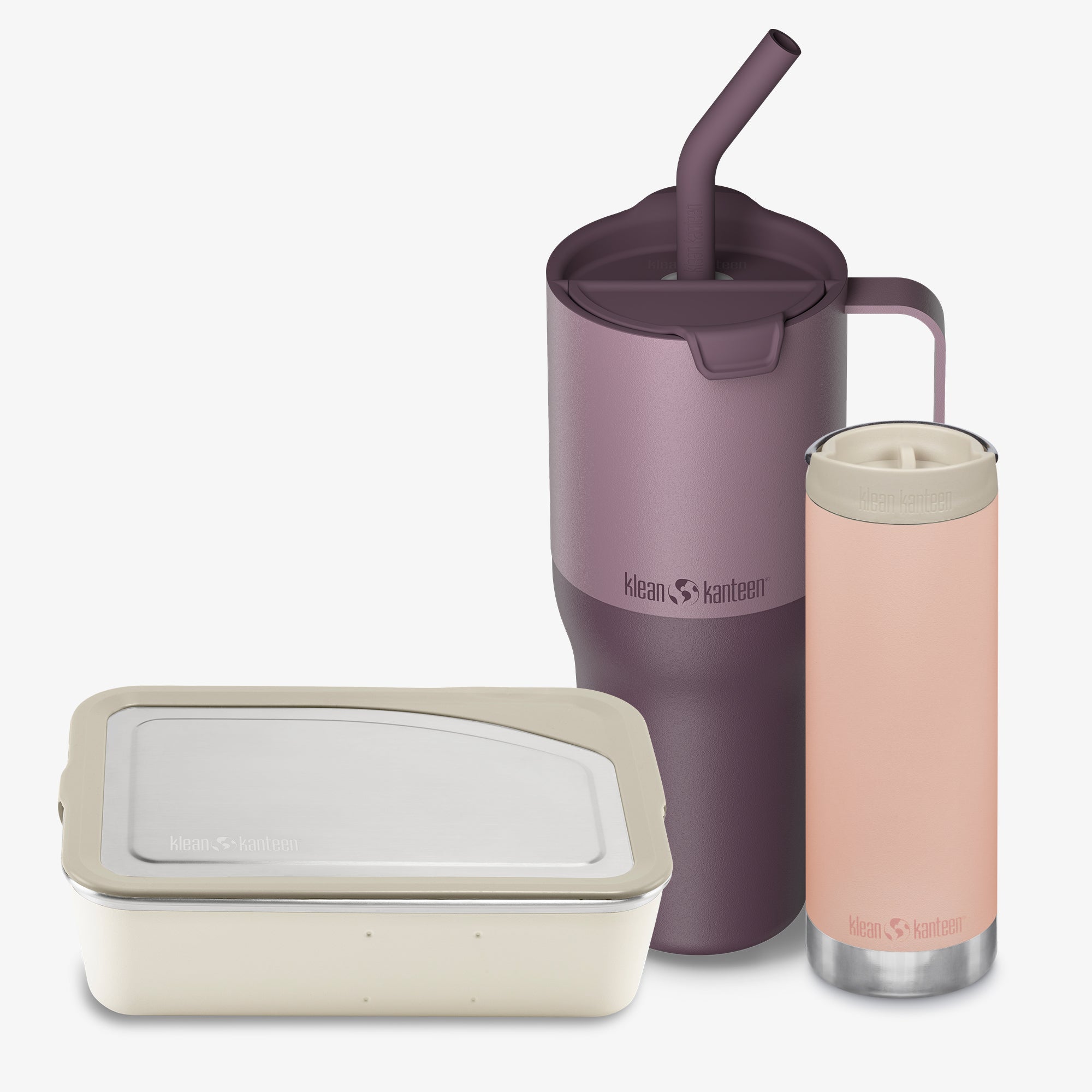 Two insulated tumblers and a food container with Klean Kanteen branding on a white background.