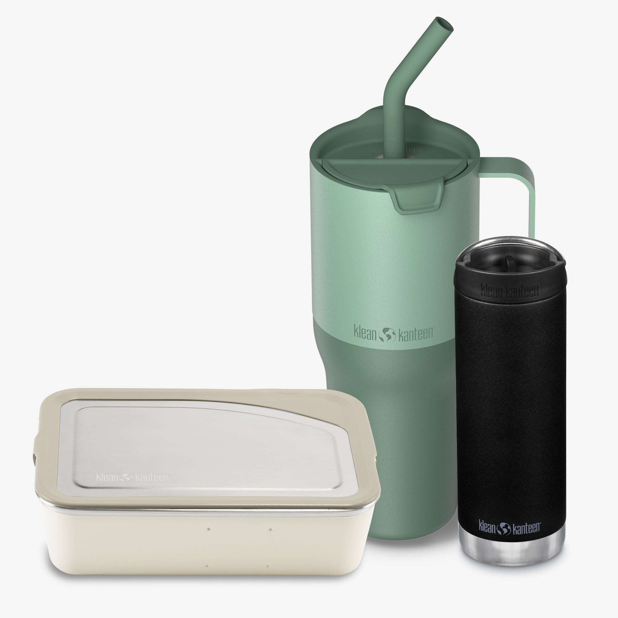 Set of Klean Kanteen products including a green insulated tumbler with straw, a black insulated tumbler, and a beige food container on a white background.