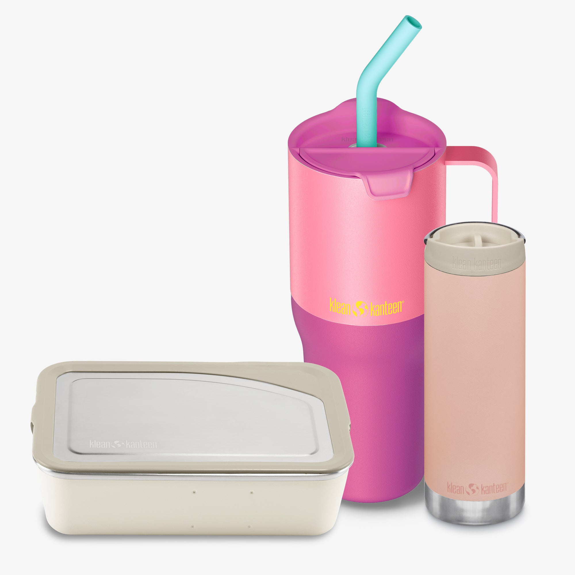 Pink tumbler with straw, beige container, and pink insulated cup on a white background