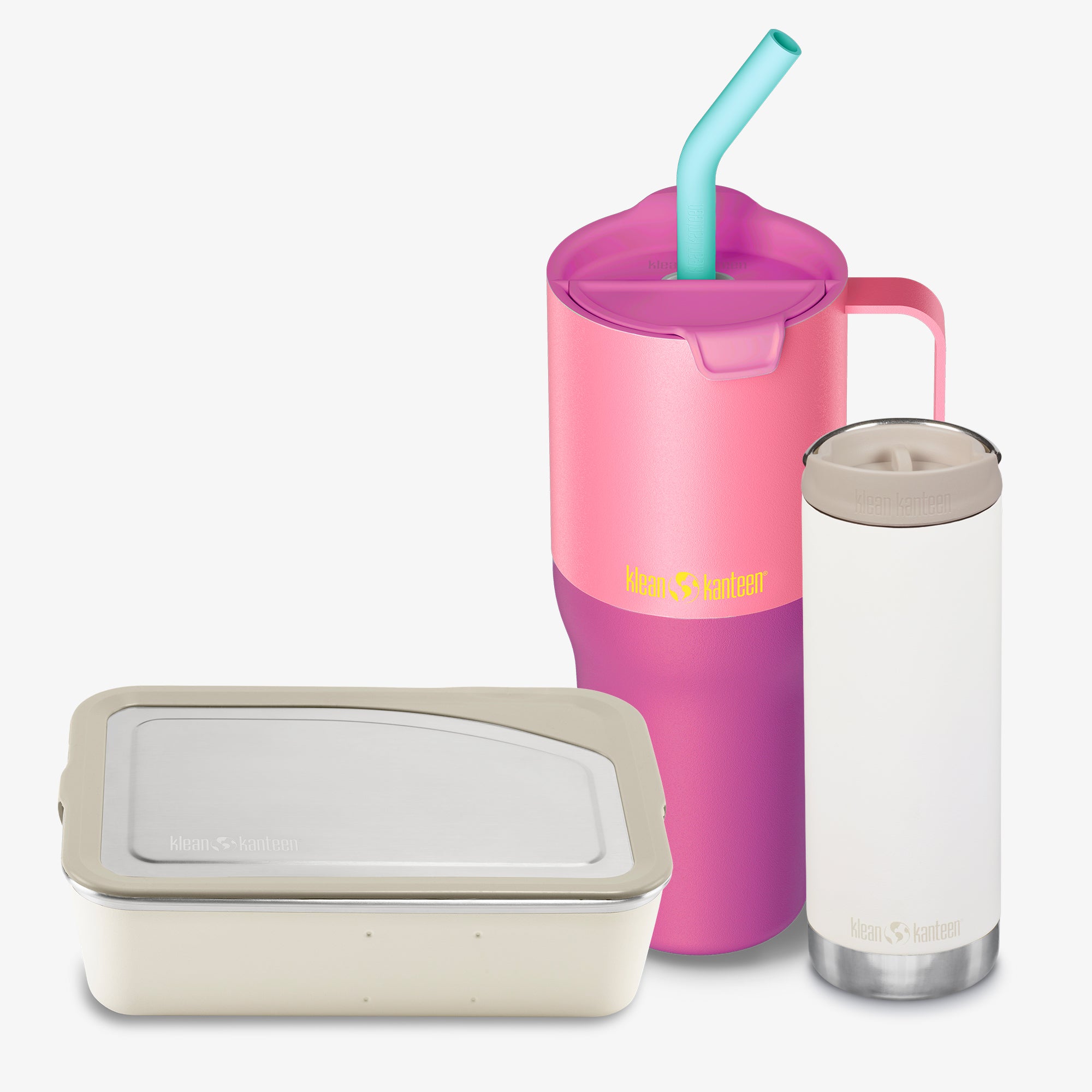 Pink tumbler with straw, beige container, and clear bottle on a white background