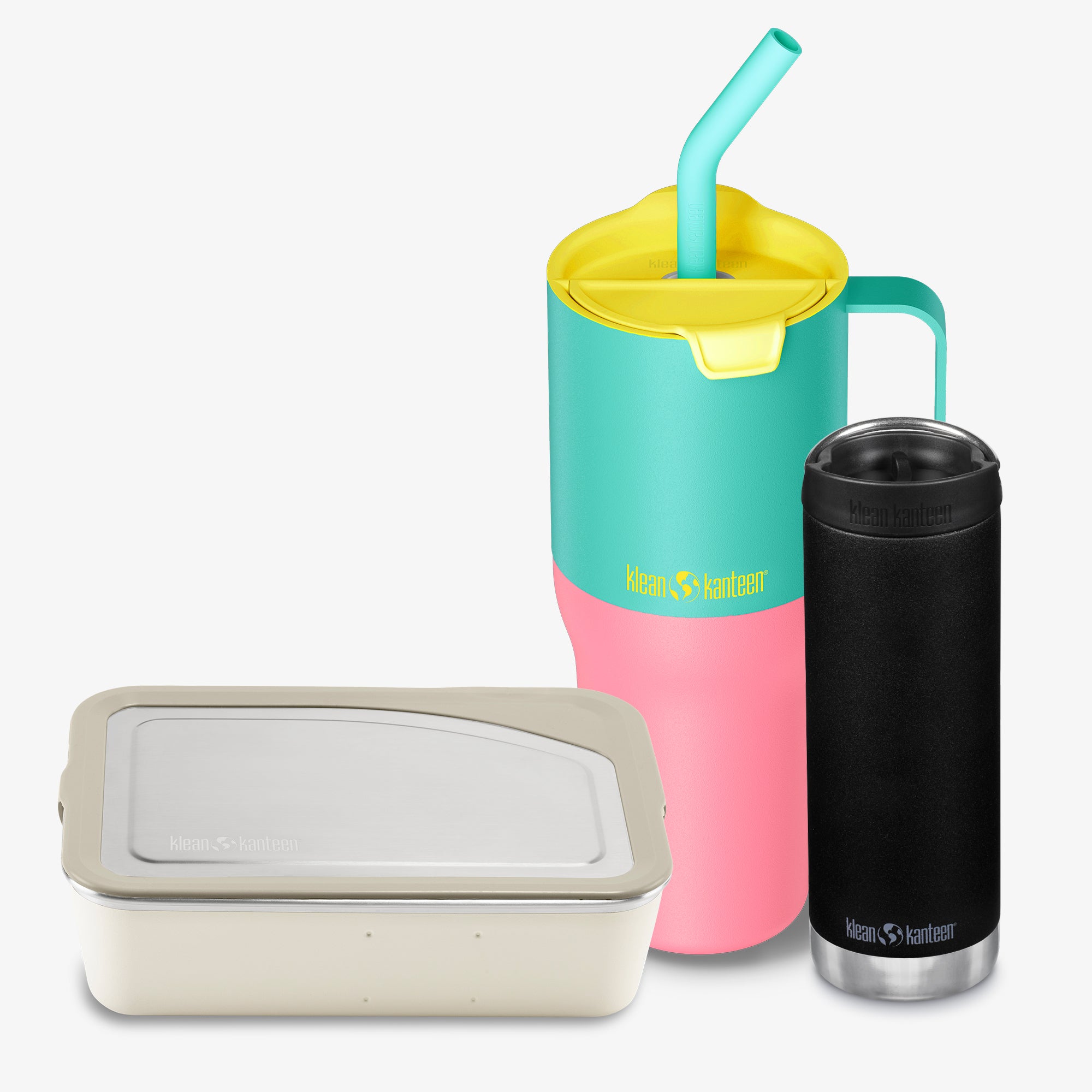 Set of insulated tumblers and a container with a visible brand logo on a white background