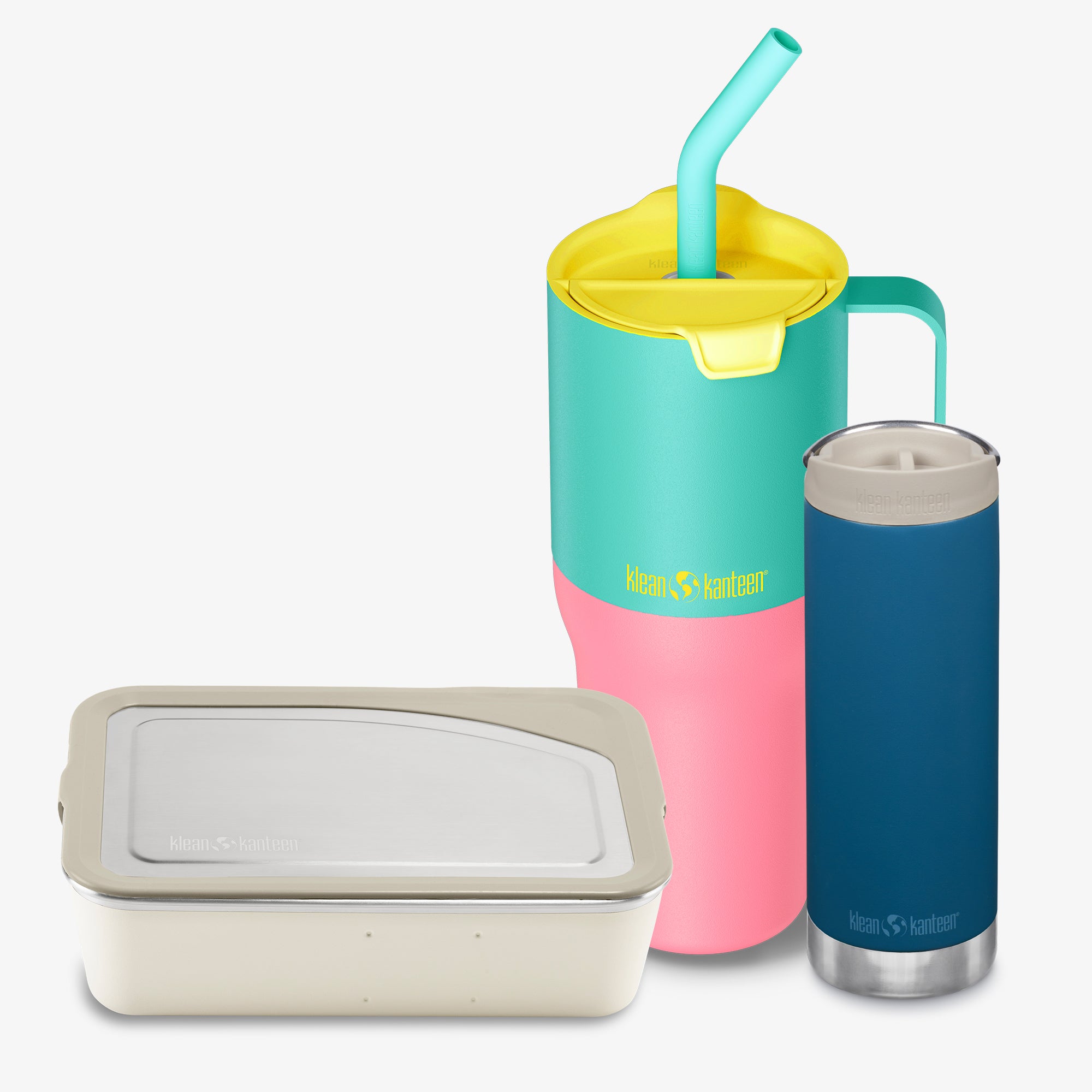 Colorful insulated tumblers and a container with a visible brand logo on a white background