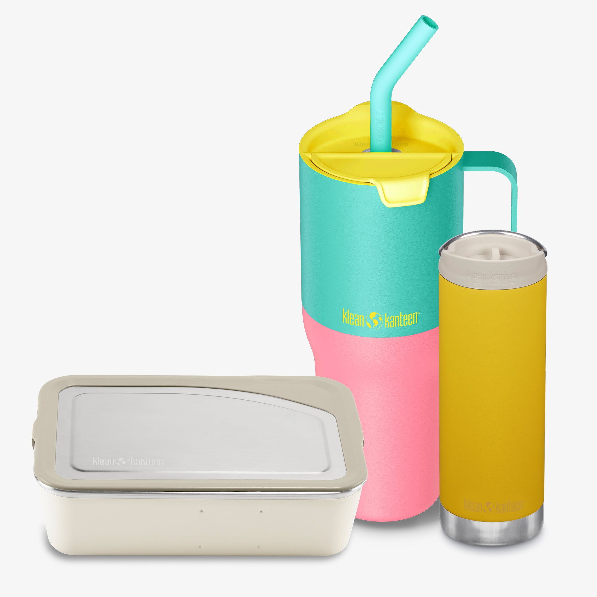 Colorful insulated tumblers and a container with a visible brand logo on a white background