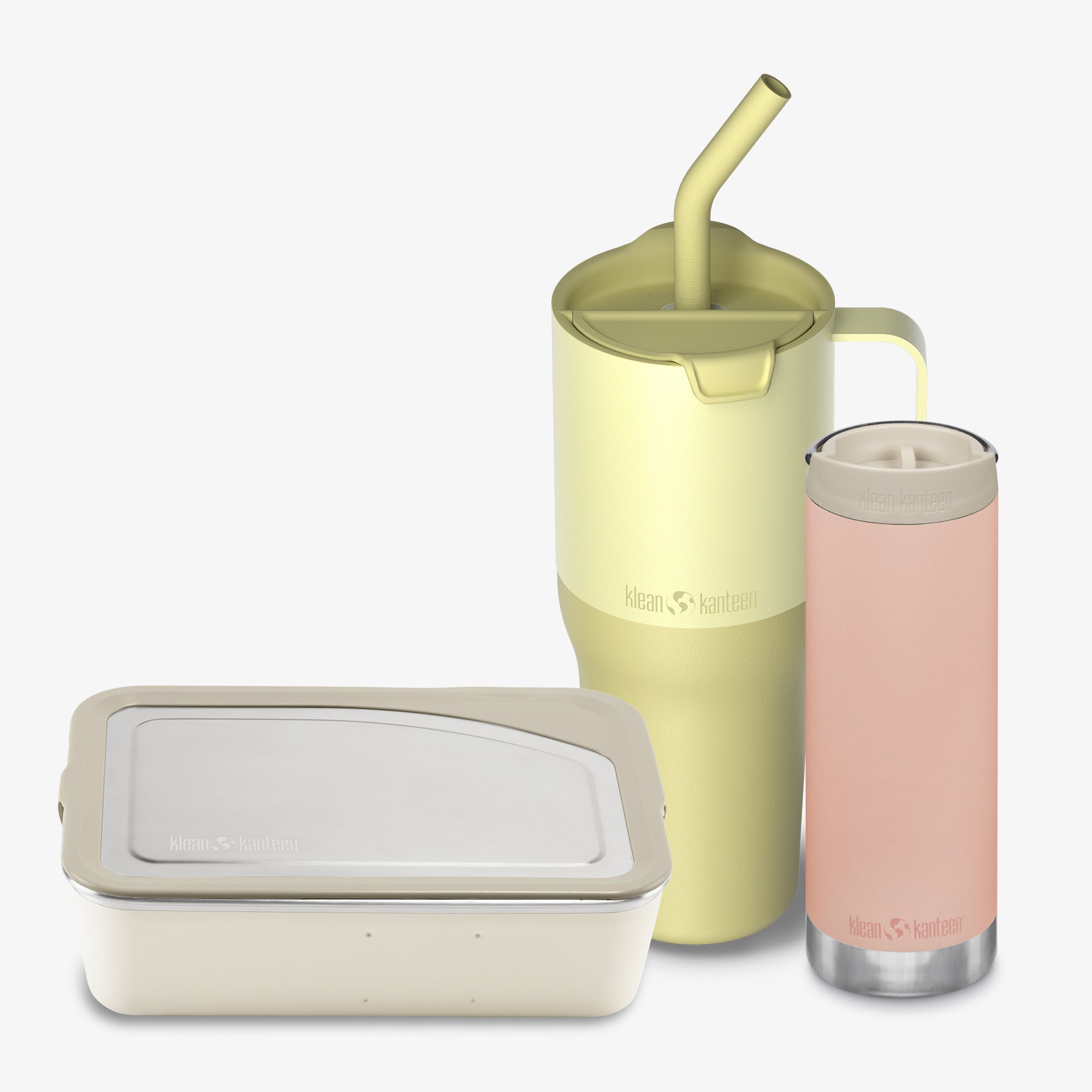 Set of pastel-colored insulated tumblers and a container on a white background