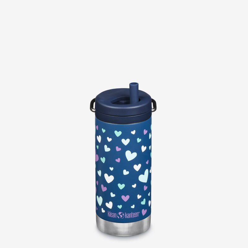 12 oz Insulated Water Bottle with Straw Lid - Navy Hearts design