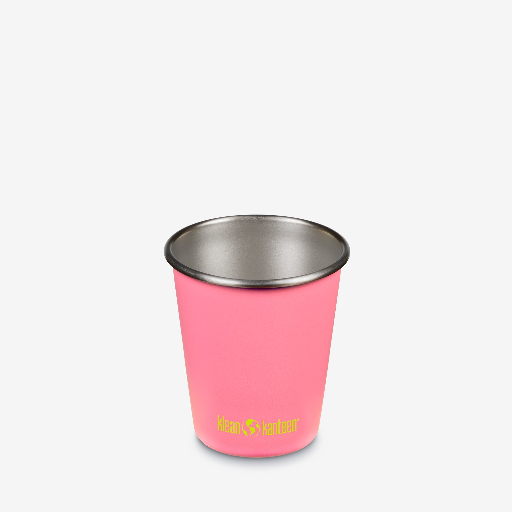 Pink stainless steel cup with a logo on a white background