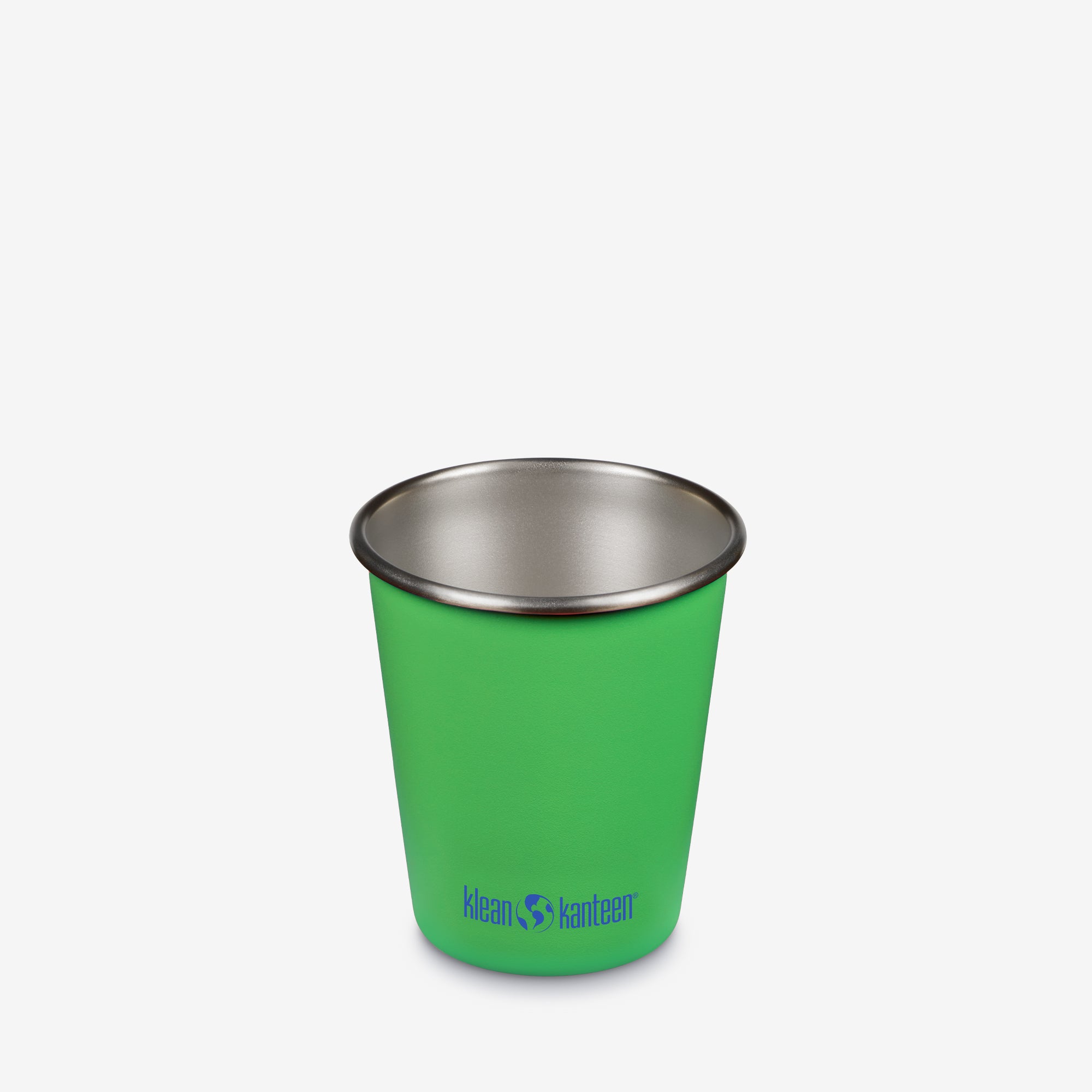 Green stainless steel cup with Klean Kanteen logo on a white background