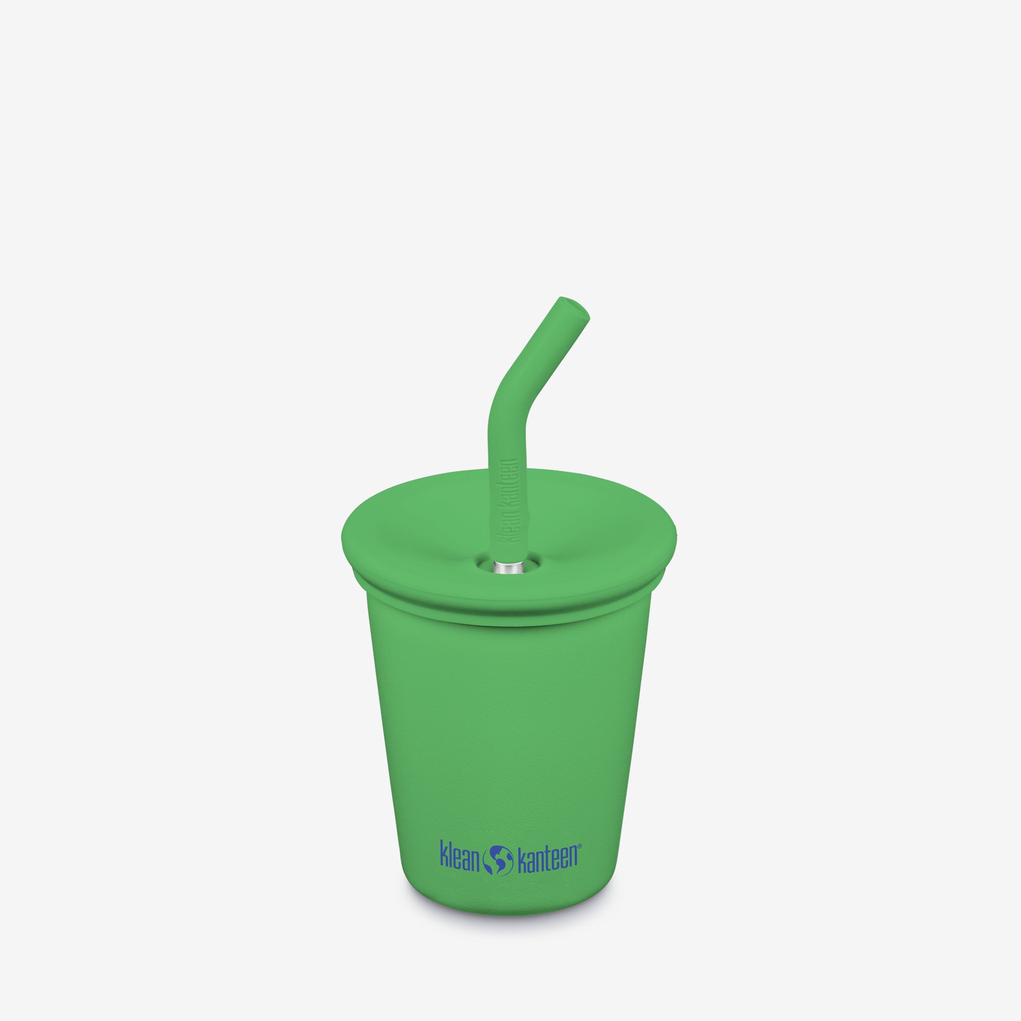 Green tumbler with straw on a white background