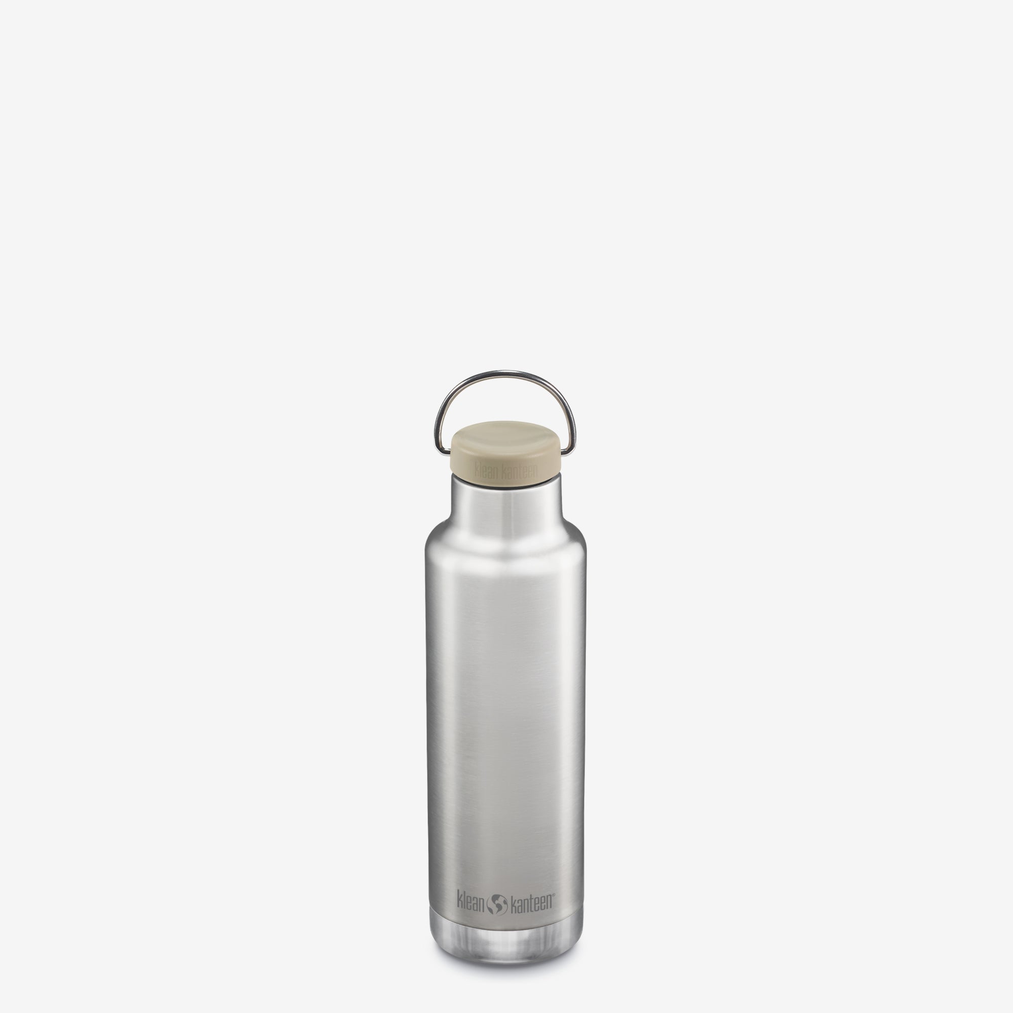 Silver water bottle with a beige cap on a white background