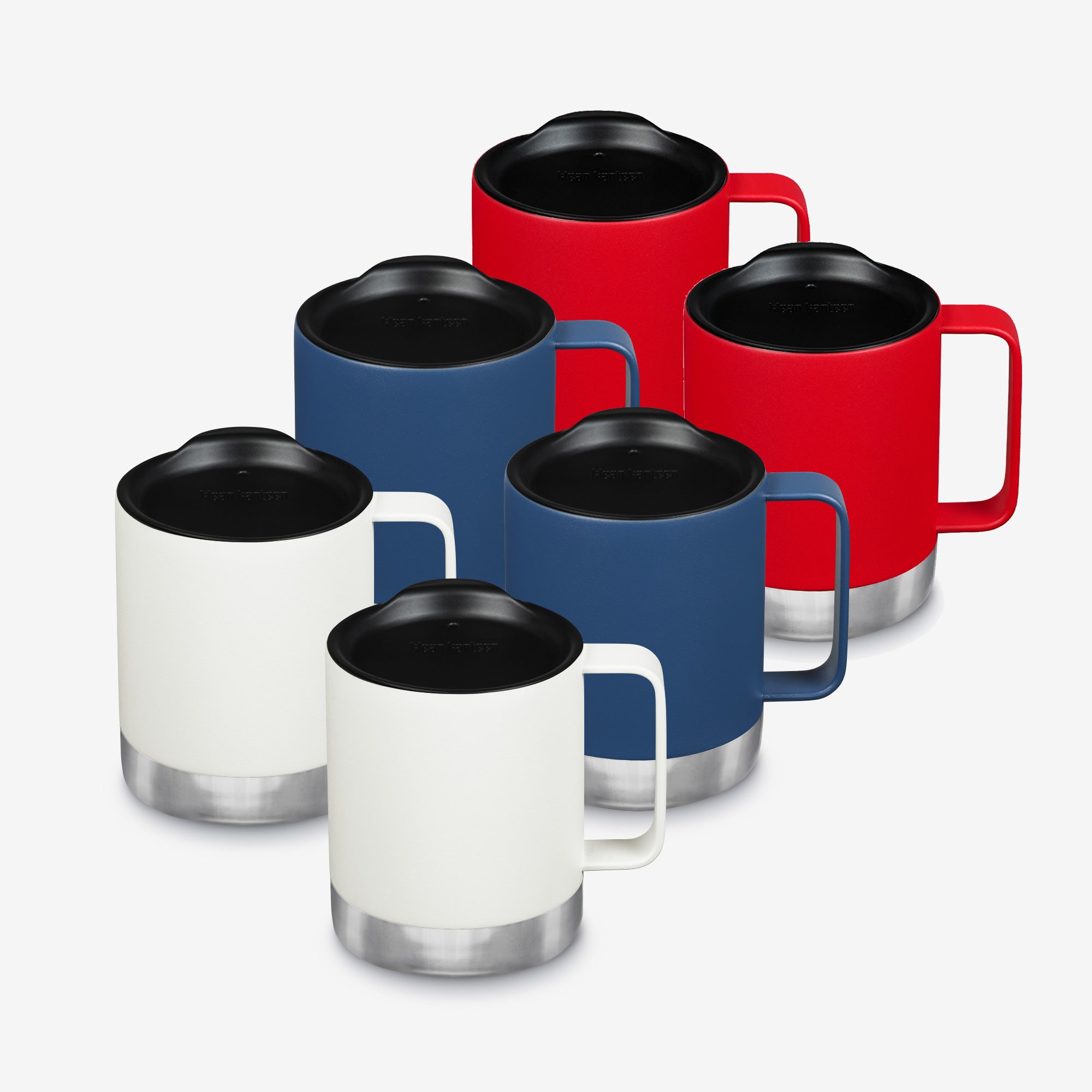 Set of six insulated travel mugs in red, blue, and white with black lids on a light gray background.
