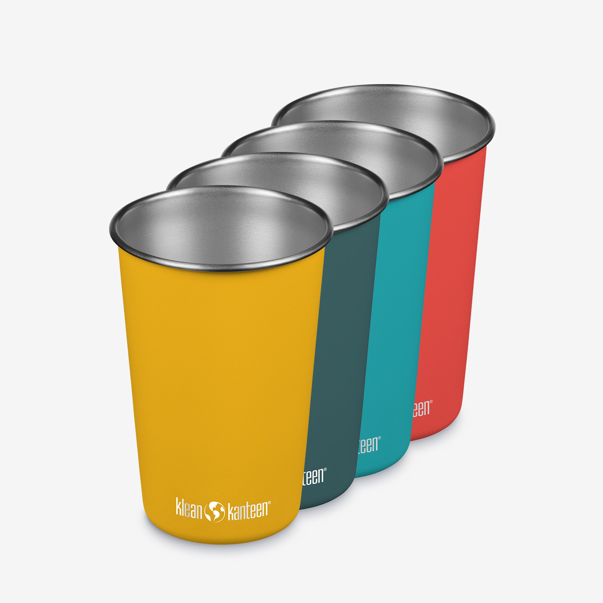Set of four colorful stainless steel cups with Klean Kanteen logo on a white background