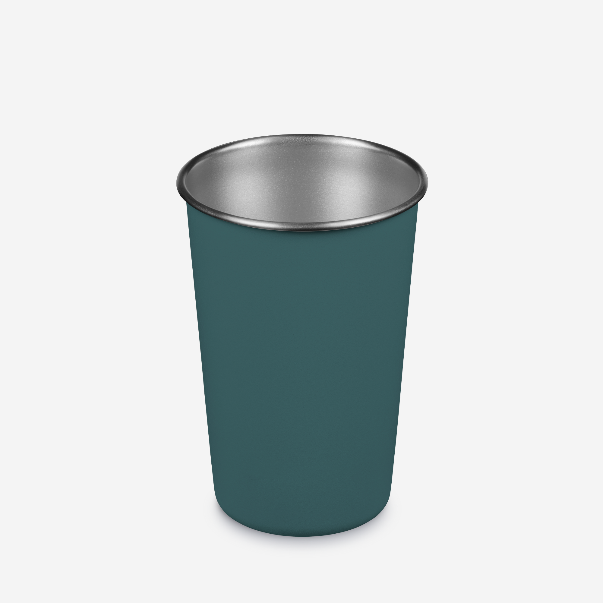 Teal cup with silver rim on a white background