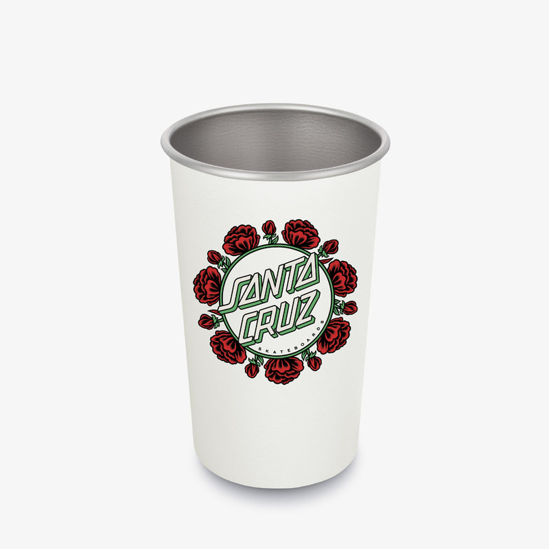 White pint cup with 'Santa Cruz' logo featuring a rose ring graphic