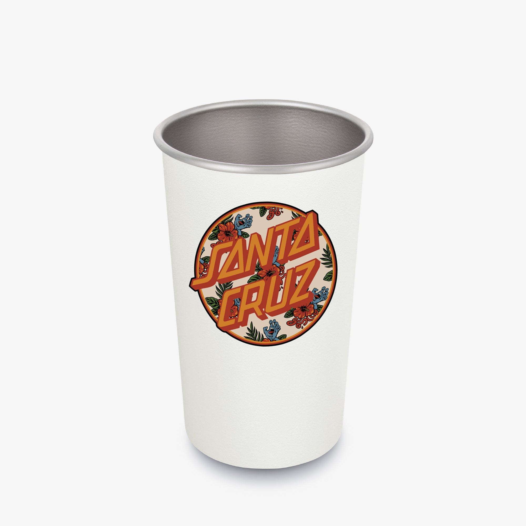 White cup with a colorful 'Santa Cruz' logo on a white background