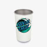 White pint cup with 'Santa Cruz' logo featuring a wave design graphic