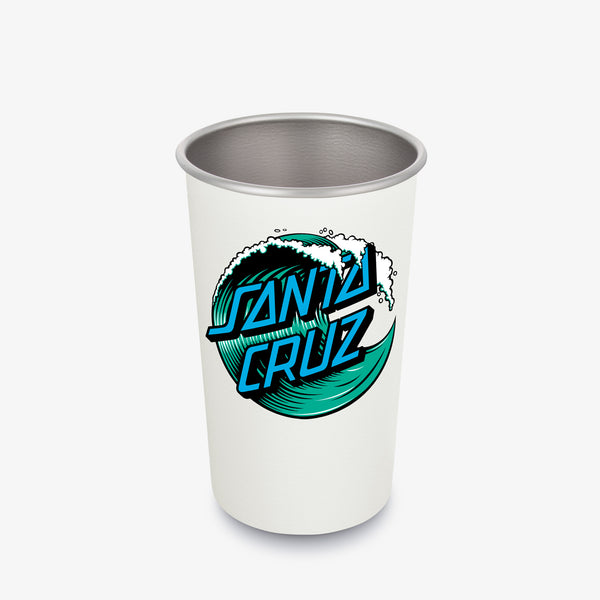 White pint cup with 'Santa Cruz' logo featuring a wave design graphic