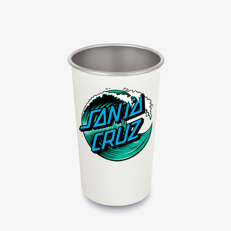 White pint cup with 'Santa Cruz' logo featuring a wave design graphic