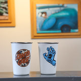 Two white pint cups with Santa Cruz logo and screaming hand graphic