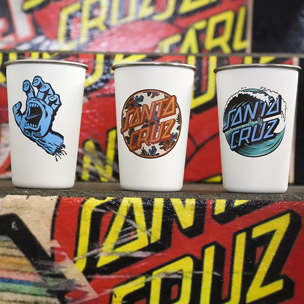 Three white Santa Crus graphic pints 