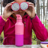 Pink water bottle with woman and fruit on eyes