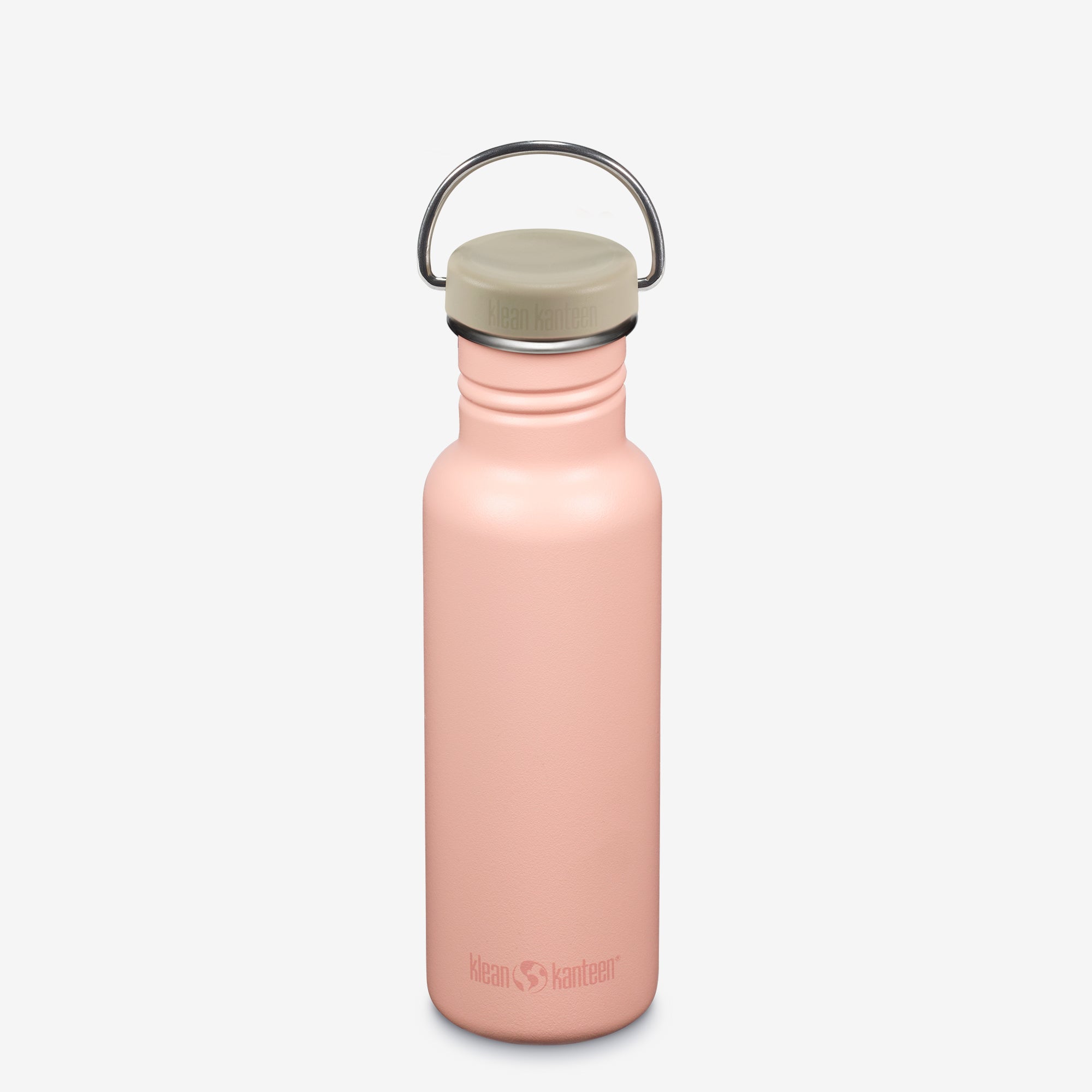Peach water bottle with a beige cap on a white background
