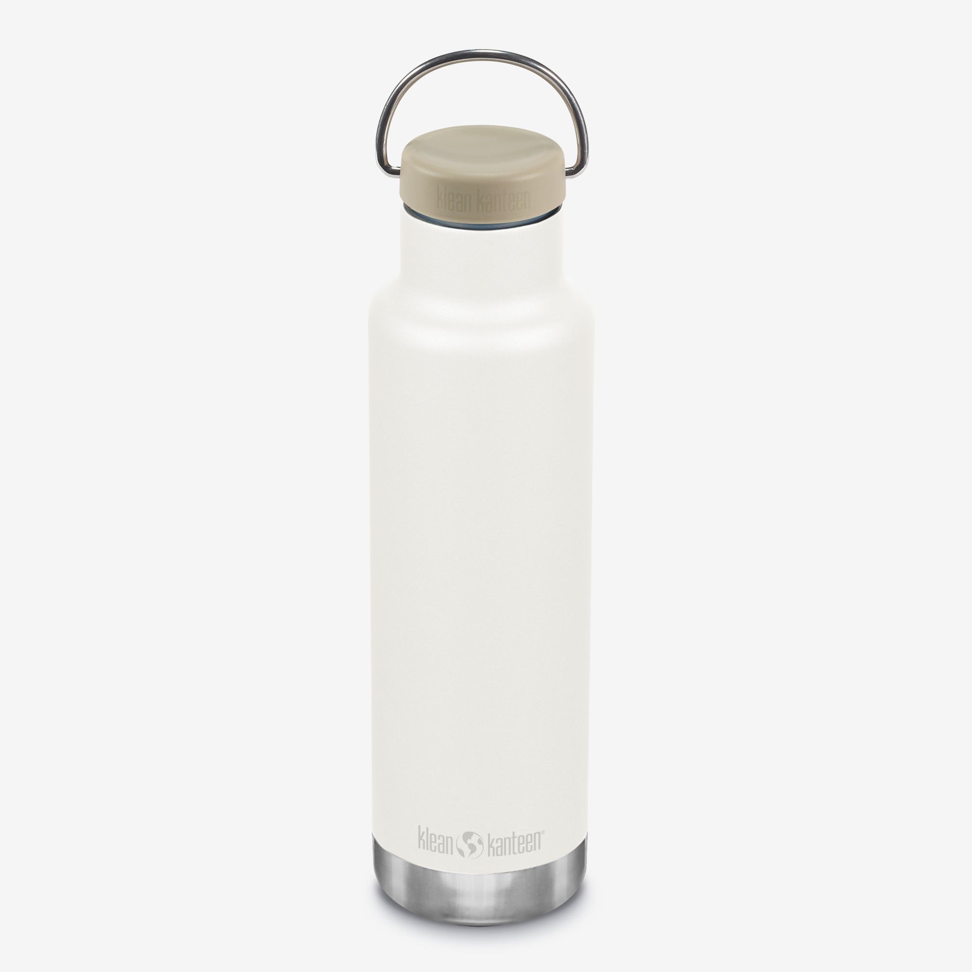White insulated bottle with beige lid on a white background